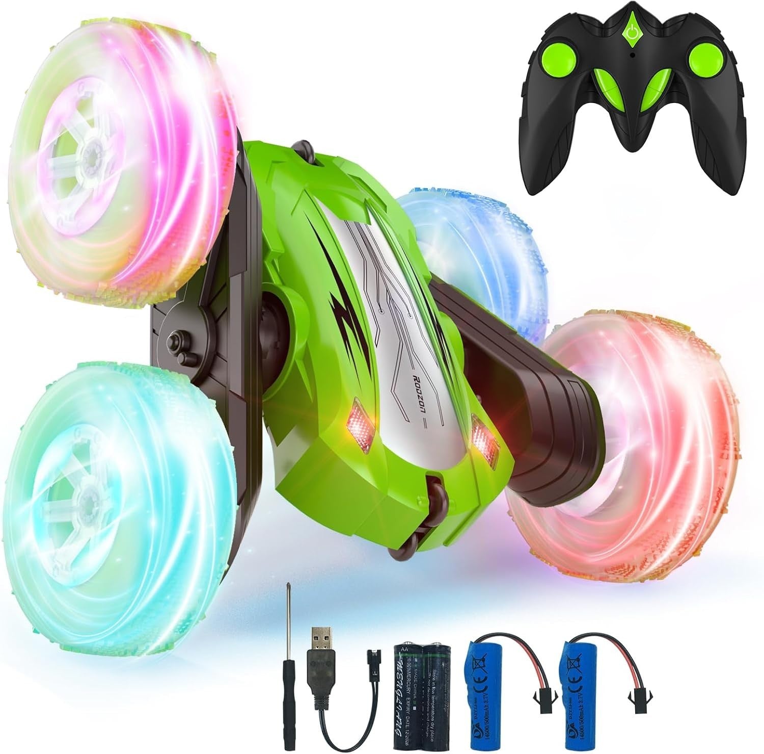 360° Flip RC Stunt Car Green LED Light Wheels 2 Batteries Remote Control Toy 6+