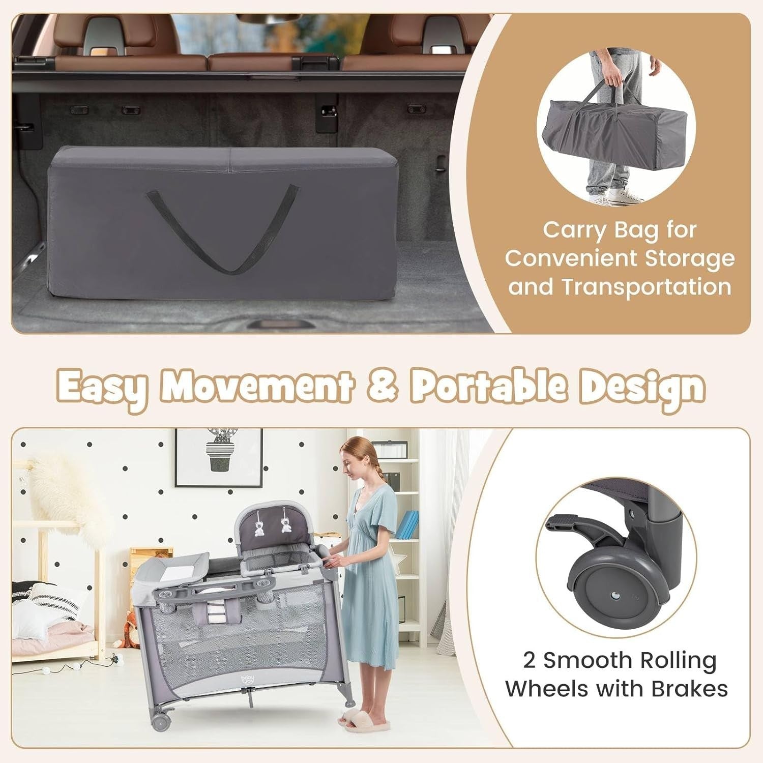 5in1 Baby Travel Cot Foldable Crib with Mattress, Changer & Storage Grey