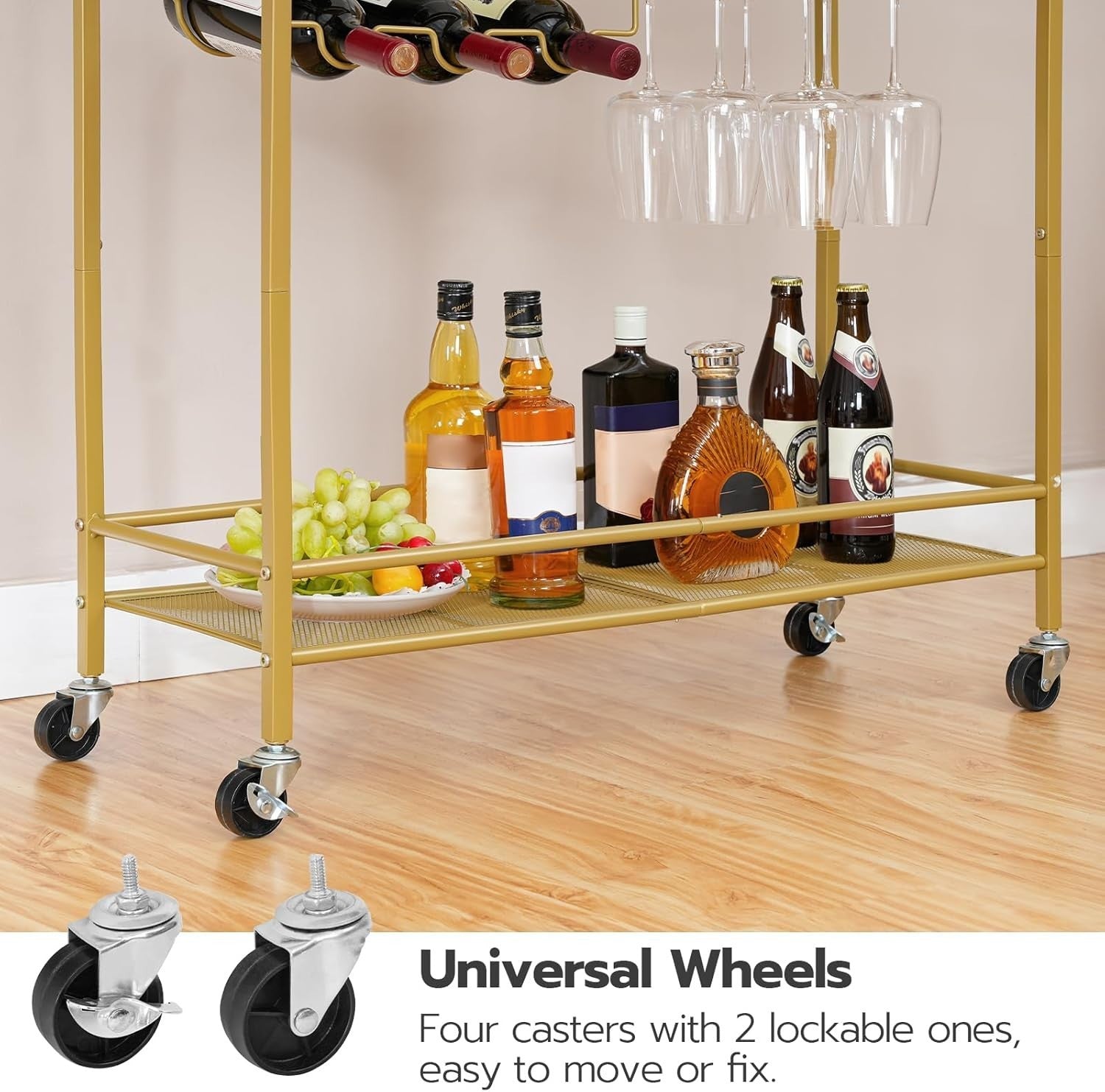 Gold Drinks Trolley 78x30x91cm Glass Shelf Wine Rack