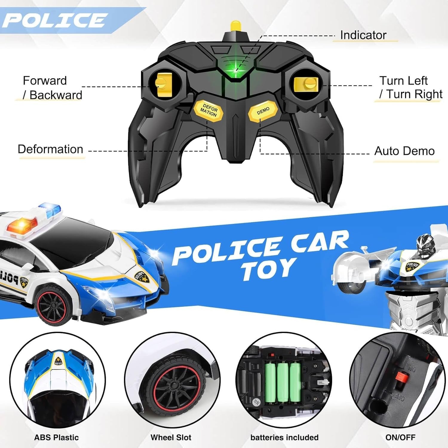 Remote Control Police Car Robot Toy – Transforming RC Car for Kids 3-8