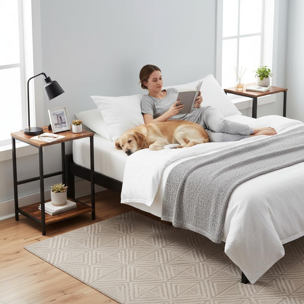 Set of 2 Rustic Brown Side Tables with Storage Shelf Small Industrial Bed Sofa T