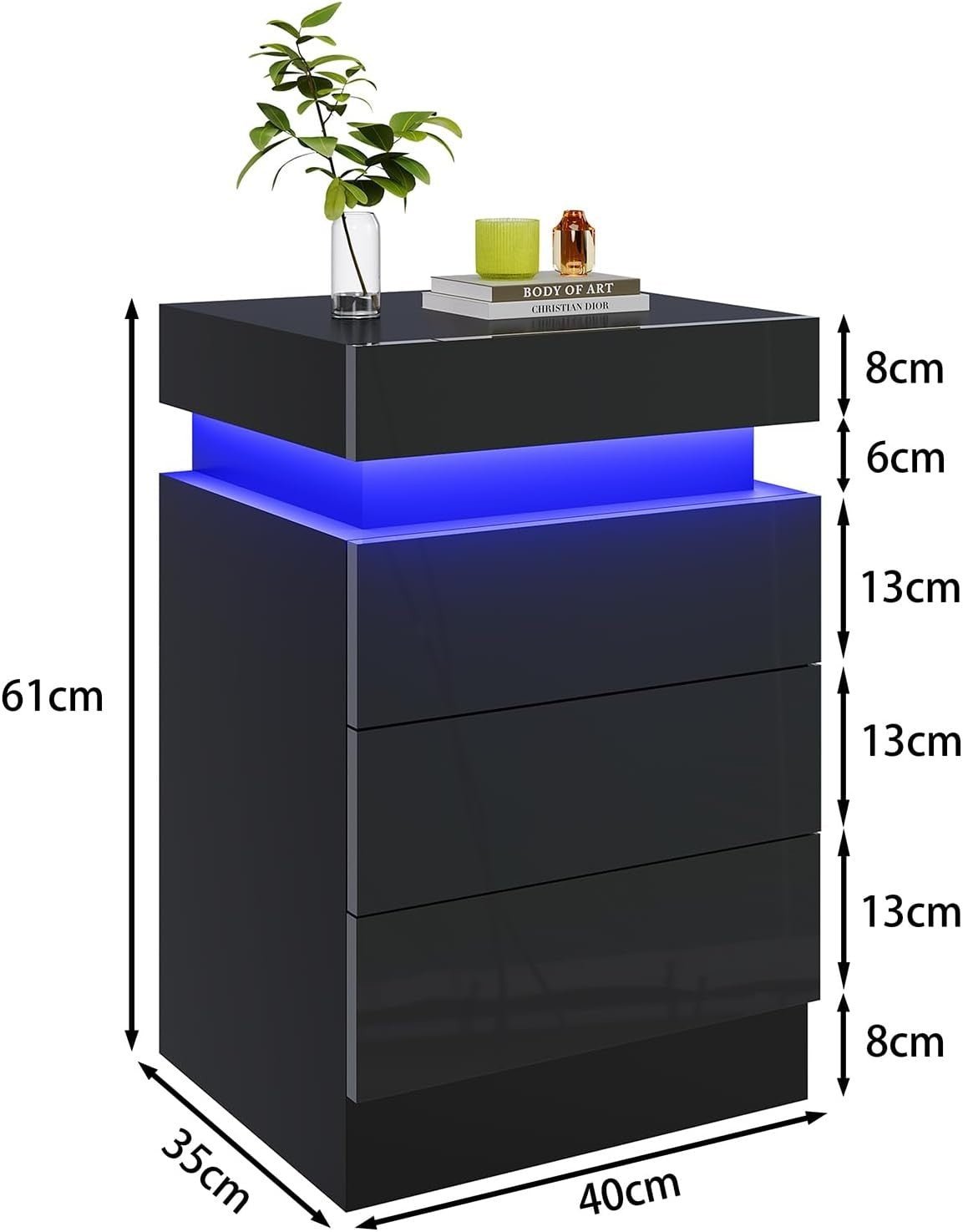 Black Gloss LED Bedside Table with Power Socket, USB Ports & 3 Drawers