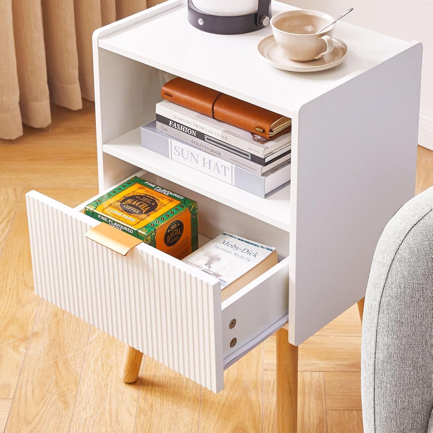 White Bedside Table with Drawer & Open Shelf – Modern 2-Tier Nightstand with Woo