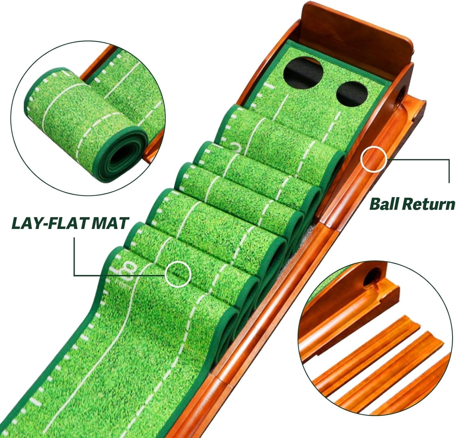 Golf Putting Mat Practice Indoor Trainer Automatic Ball Return Wooden Base