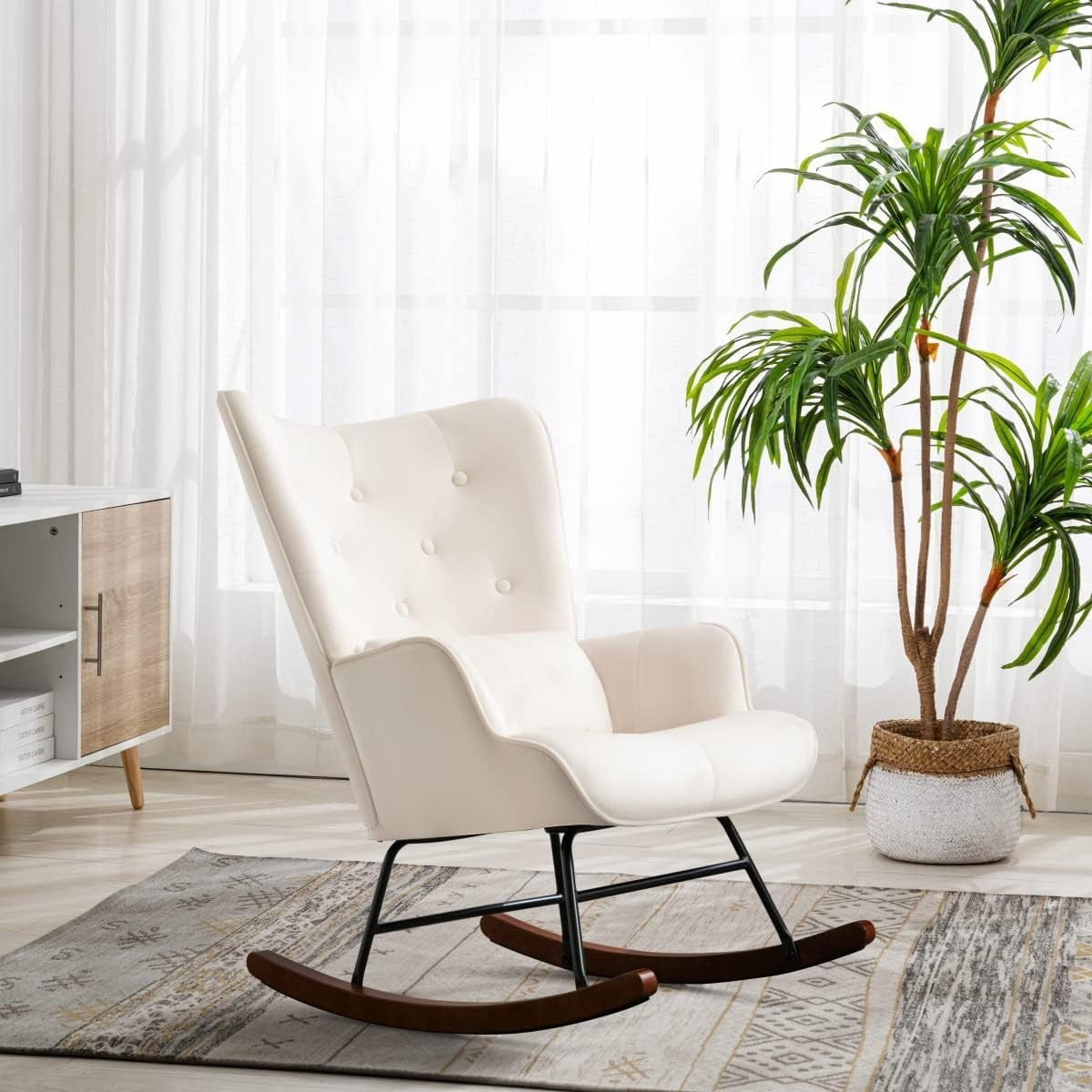 Velvet Rocking Chair for Nursery & Living Room – Soft Cushions, Wood Legs