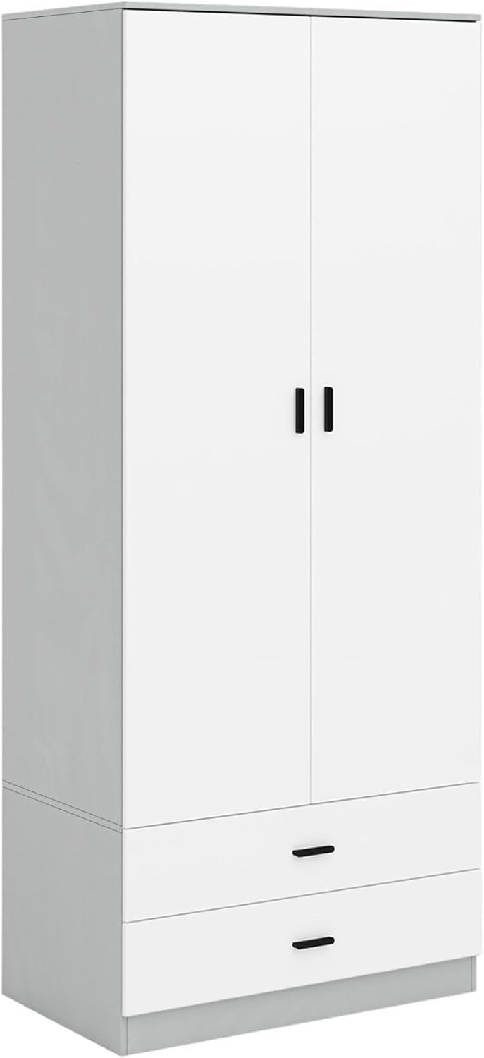 White Drawer 2 Door Wardrobe with Rail | Modern Grey Bedroom Storage Unit