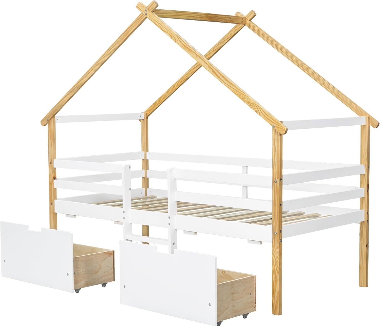 Kids Wooden Bed Frame 3ft Single 90x190cm w/ Guardrail Roof Design & Storage