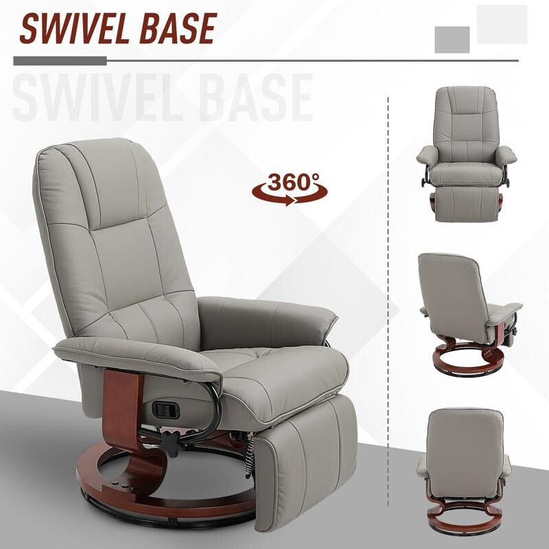 Manual Recliner Armchair Chair Faux Leather Wood Base Swivel Lounge Grey
