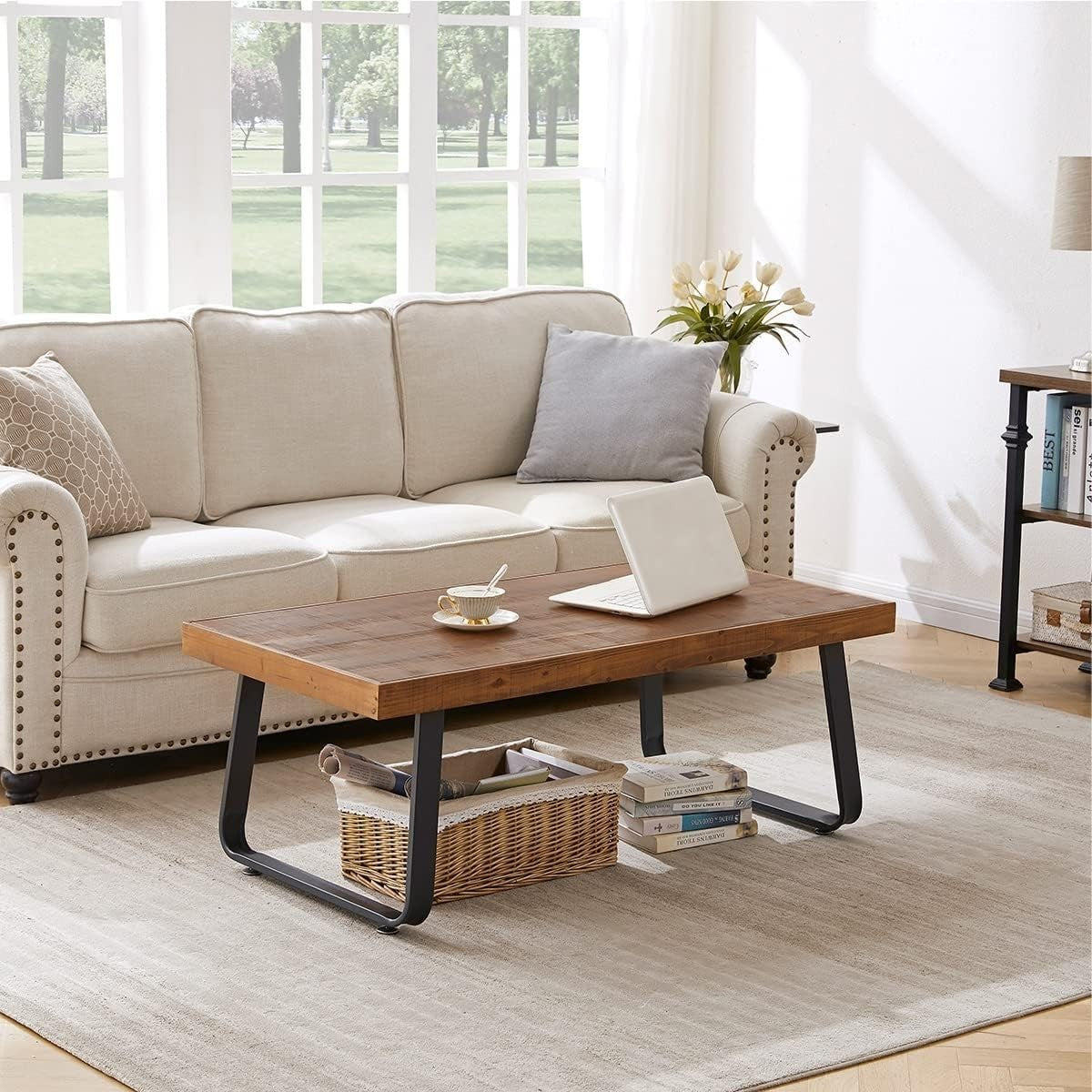 Rustic Wood Coffee Table 120CM – Industrial Metal Frame, Solid Cedar Top