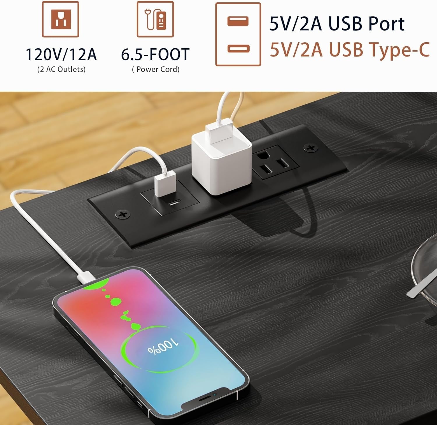 Modern Black LED Bedside Table with Drawer, USB Charging Ports & Shelf