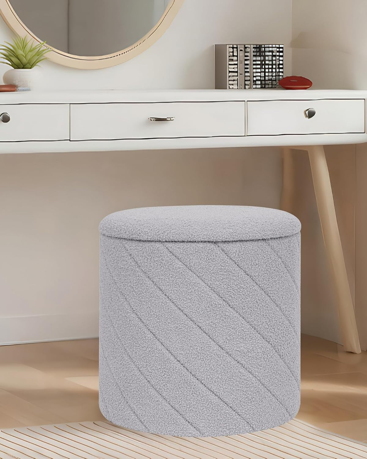 Grey Boucle Round Storage Ottoman Stool Footrest Vanity Seat