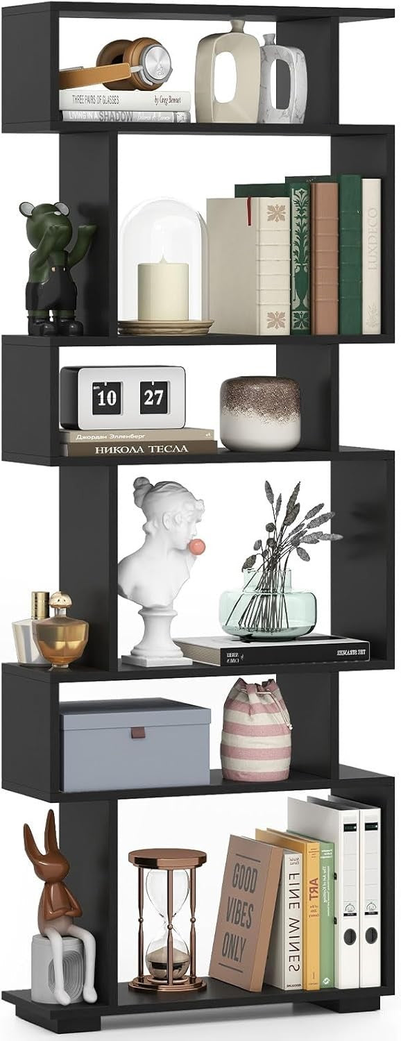 6-Tier S-Shaped Bookshelf Ladder Shelf Black 163x60x20cm with Anti-Tip Kits