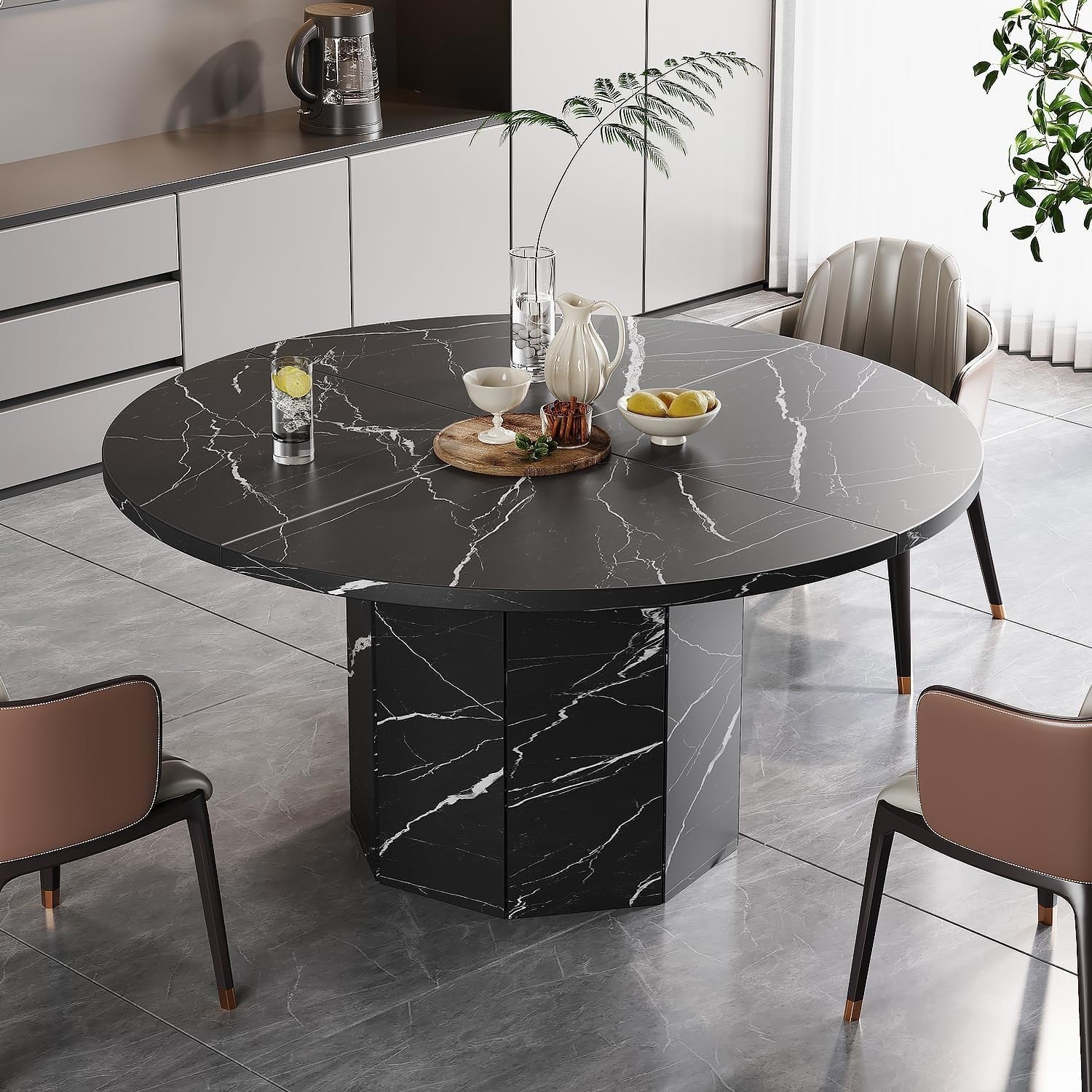 Round Black Marble Dining Table 4-6 Seater Modern Kitchen 120cm