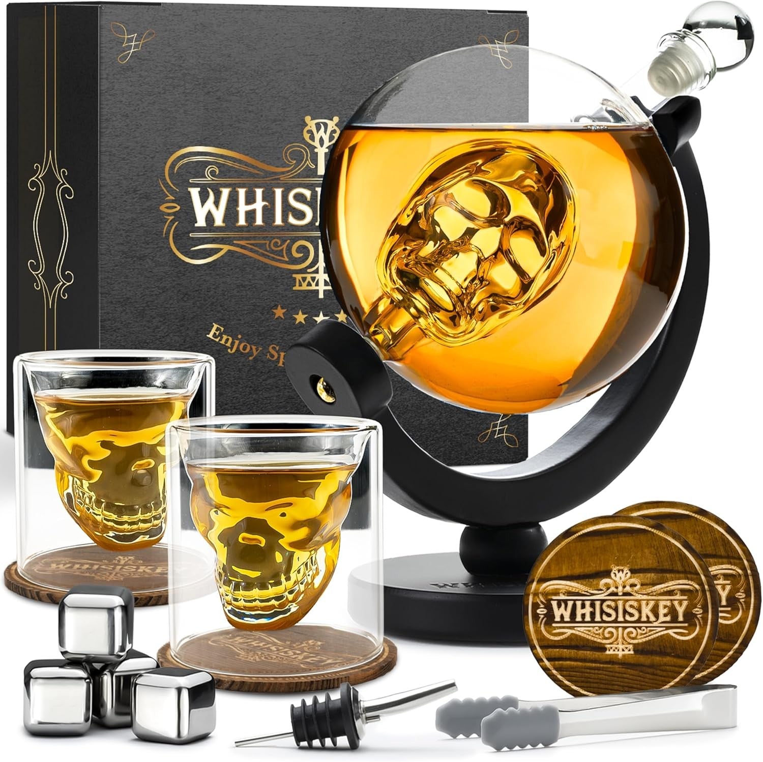 900ml Skull Whiskey Decanter Set with Glasses, Stones & Luxury Stand