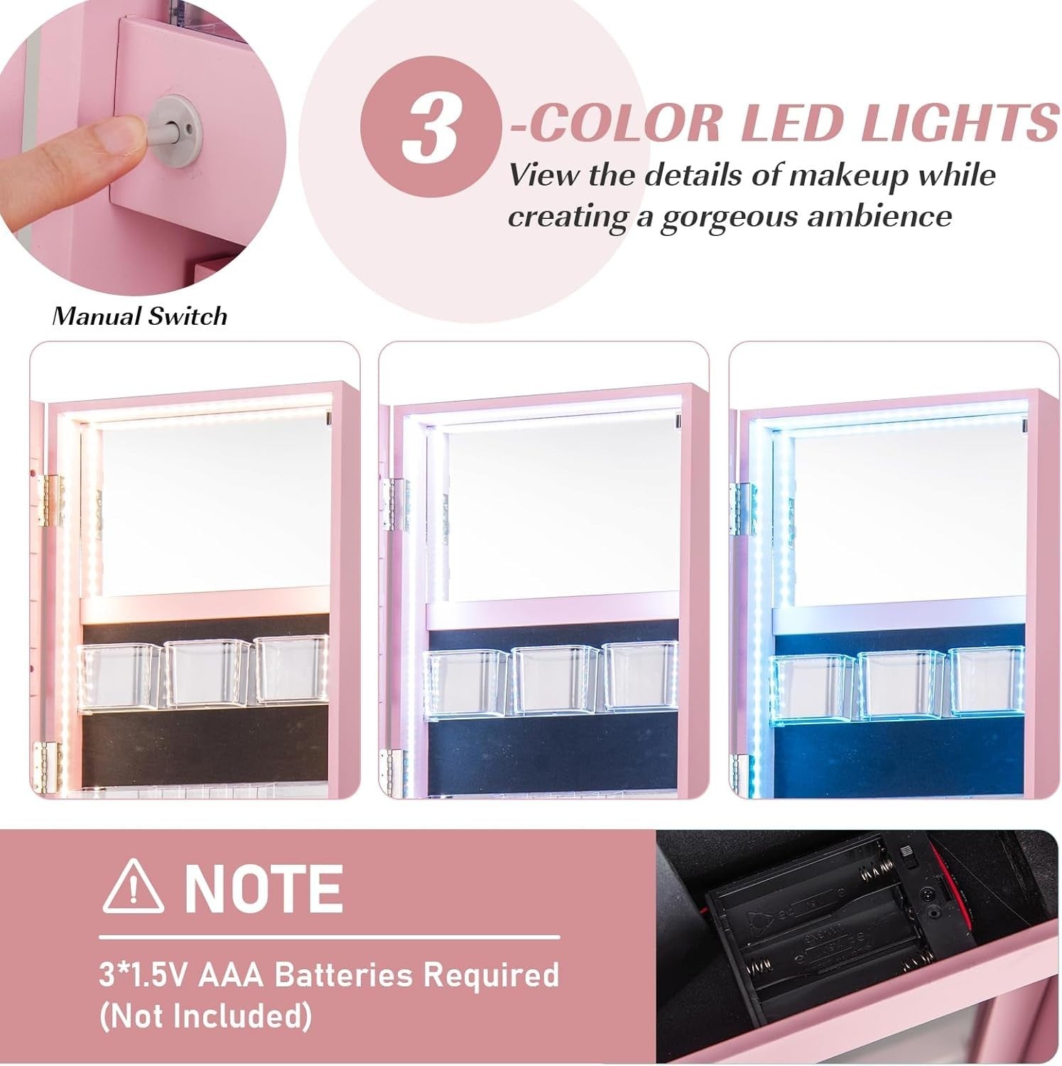 Pink 360° Swivel LED Jewelry Cabinet Mirror Lockable 3-Color Storage