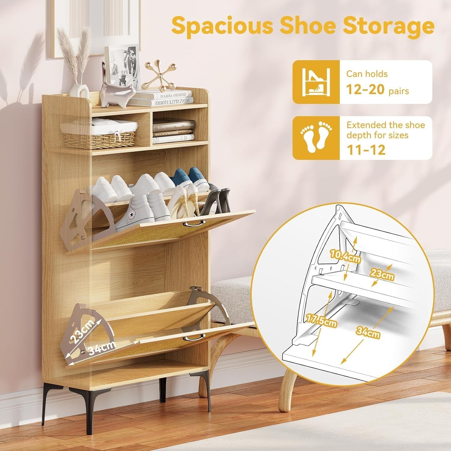 Compact Shoe Cabinet 2 Flip Drawers + Adjustable Dividers, Sturdy & Space-Saving
