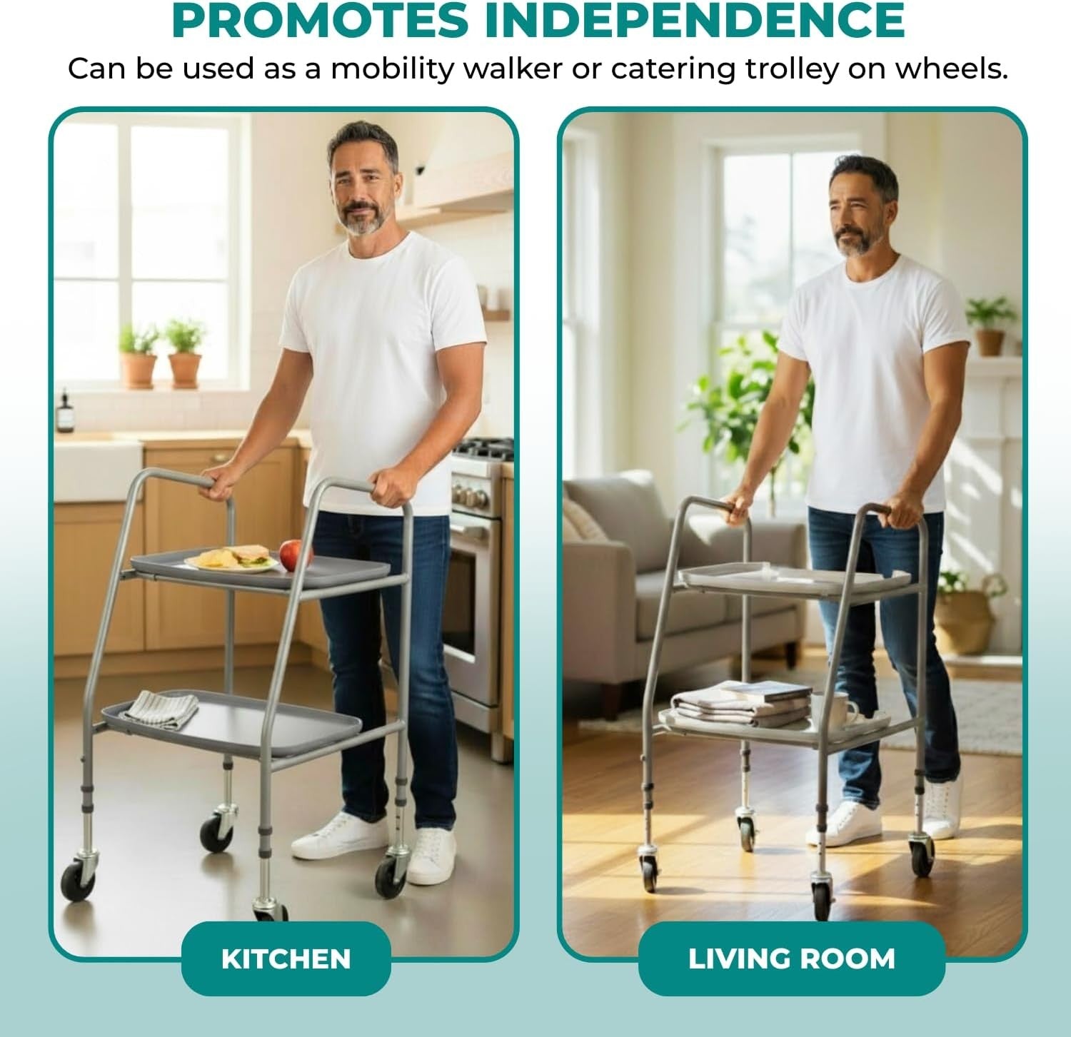 Home Helper Mobility Trolley with Wheels Height Walking Aid Trays