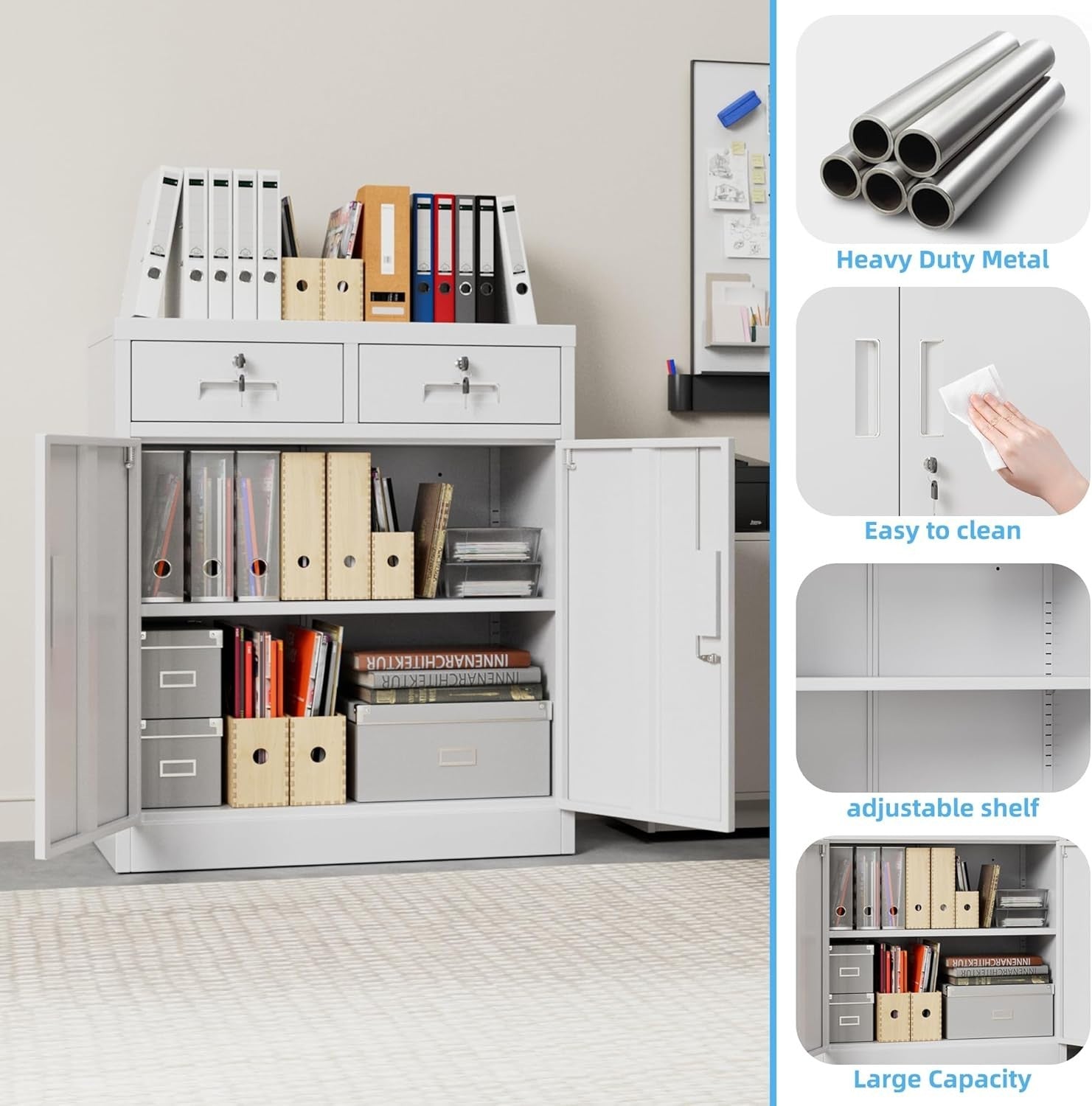 White Metal Storage Cabinet with Doors & Drawers – 92cm Office Cupboard