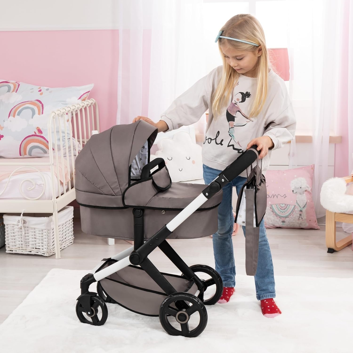 Modern Doll Pram Stroller Foldable Metal Frame Role Play Toy