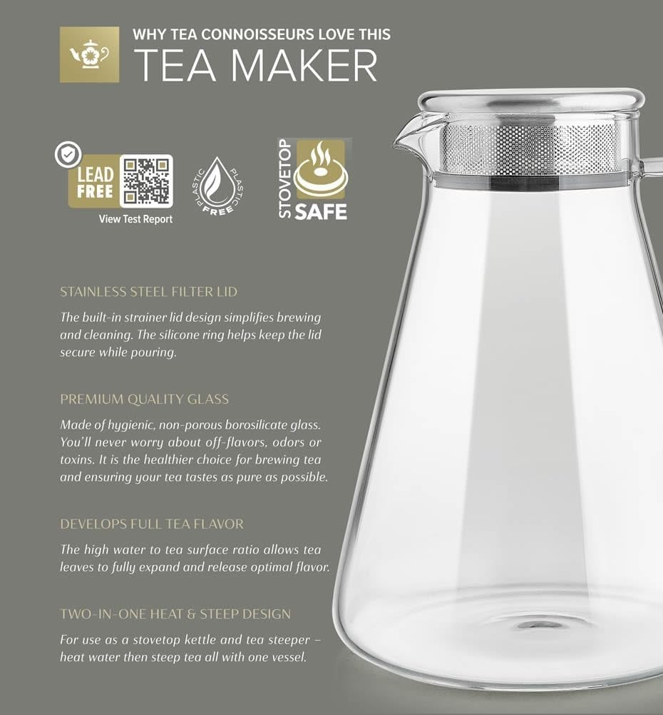 Glass Tea Maker Kettle 56oz Stovetop Safe Loose Leaf Tea Pot Filter