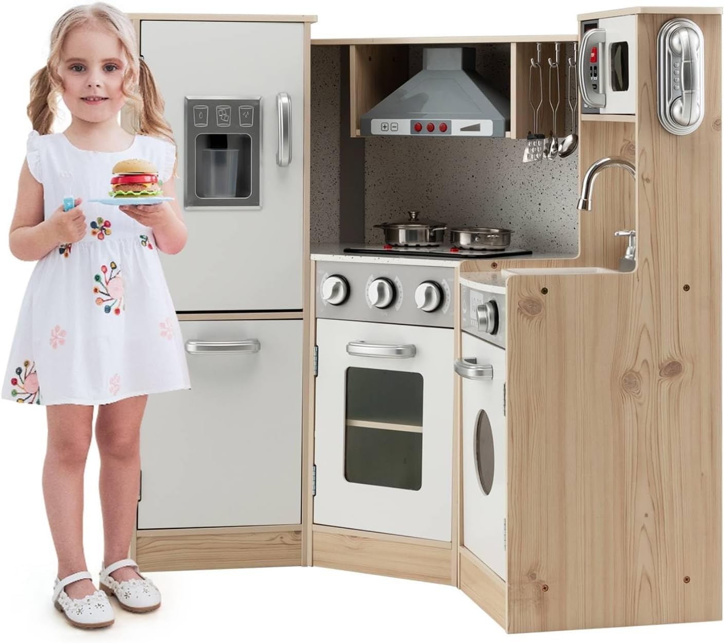 Kids Wooden Play Kitchen Light Sound Ice Dispenser Telephone Natural