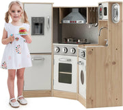 Kids Wooden Play Kitchen Light Sound Ice Dispenser Telephone Natural