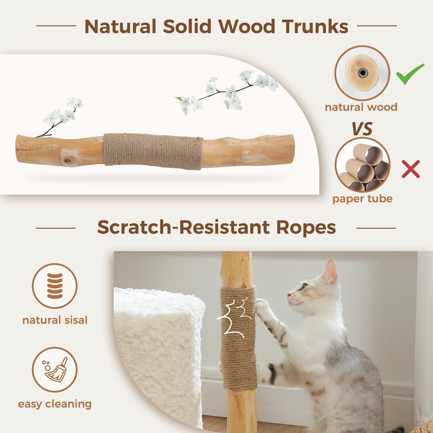 Modern Wooden Cat Tree 38in Tower with Wicker Basket Condo Curved Perch