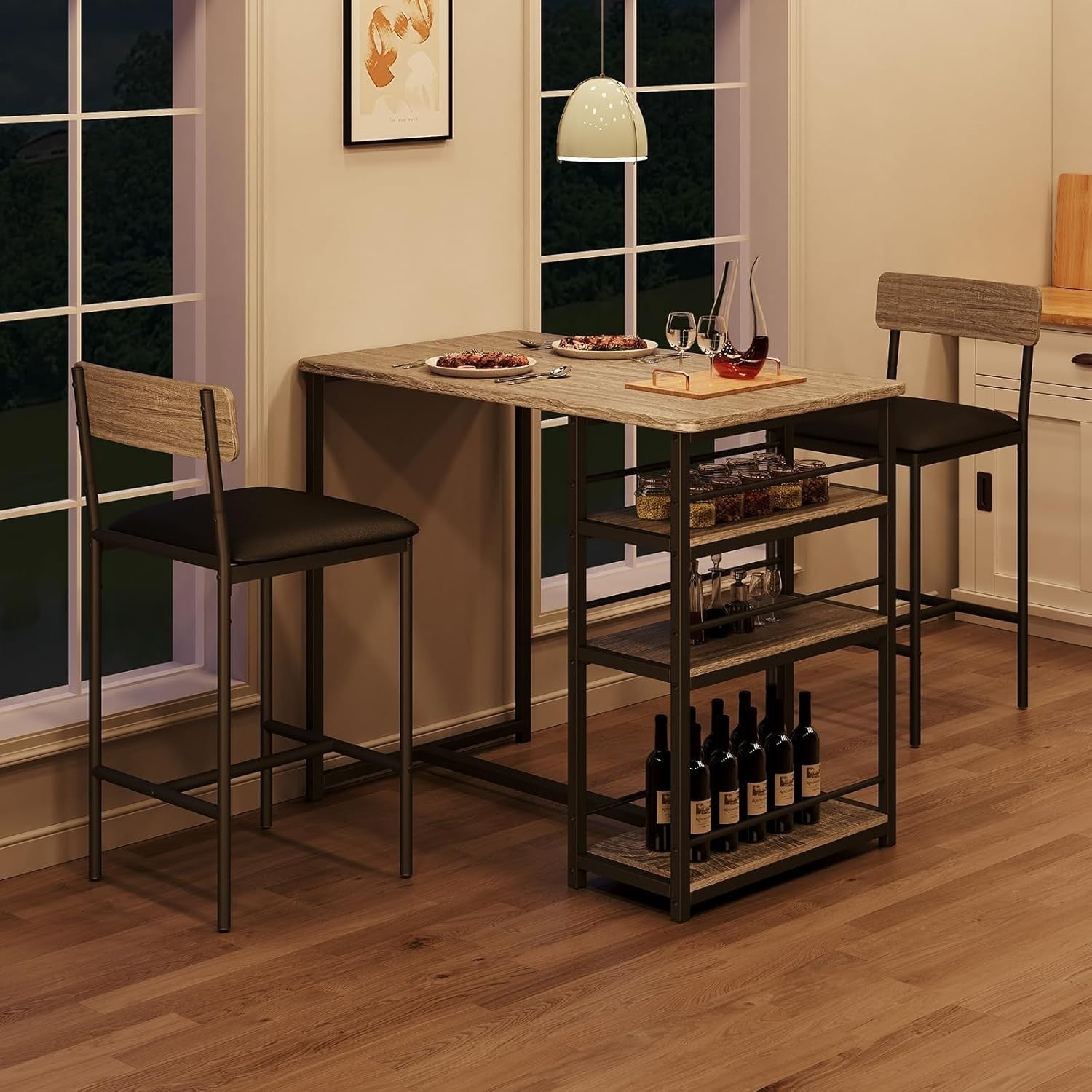 3-Piece Rustic Brown Bar Table Set with 2 Stools & 3 Storage Shelves Dining Set