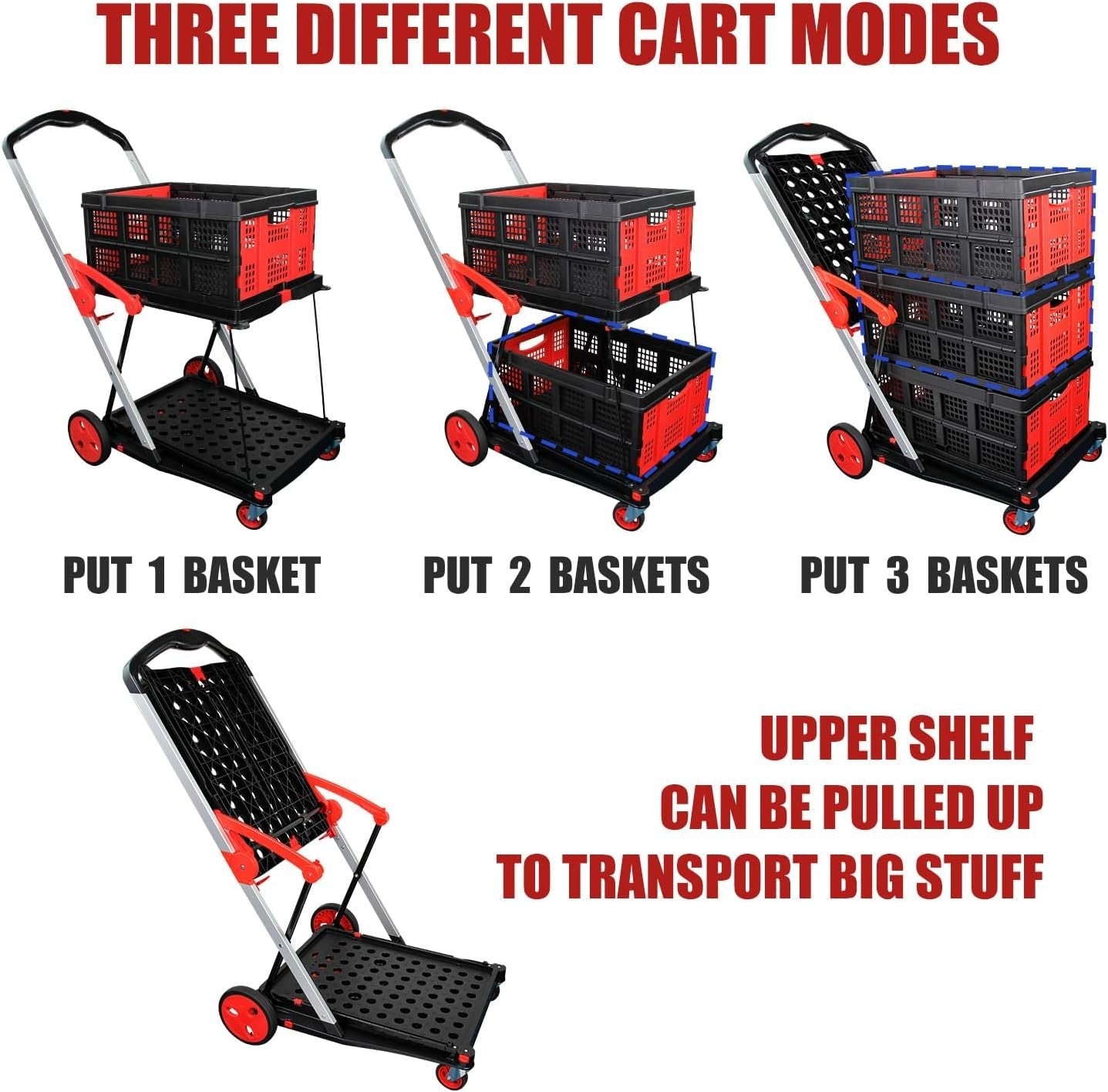 Folding Shopping Cart Two-Tier Utility Trolley 360° Swivel Wheels Red