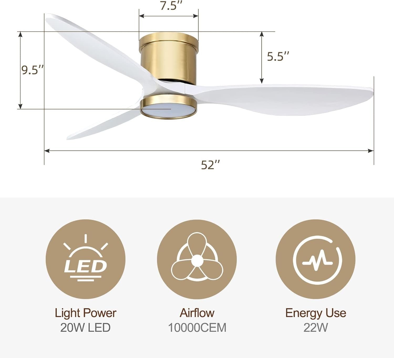 Ovlaim 132cm Flush Ceiling Fan with Light, Quiet DC Motor, Remote Control