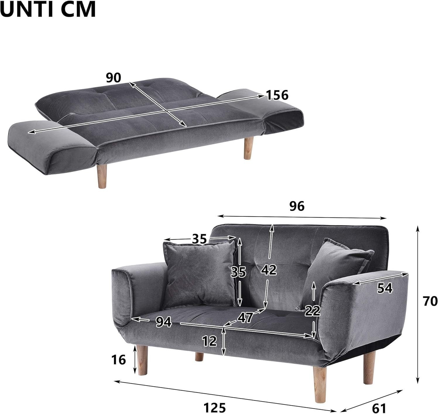 2 Seater Sofa Bed Dark Grey Compact Couch Recliner for Small Spaces