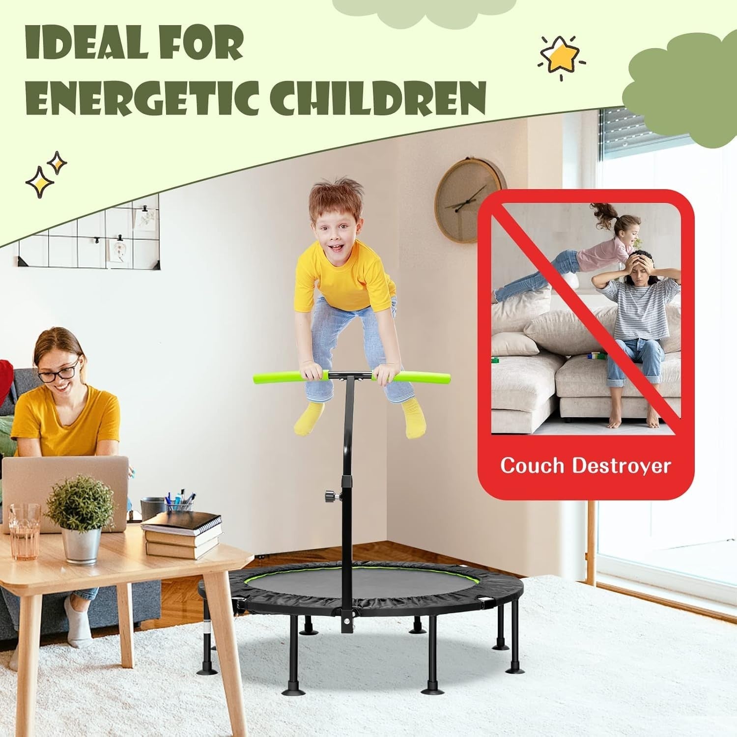 45'' Mini Trampoline Fitness Rebounder Foldable Adjustable Handle 100KG