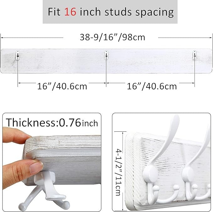 Rustic White Wall Mounted Coat Rack 2 Pack 98cm | 10 Triple Hooks Wooden Hanger