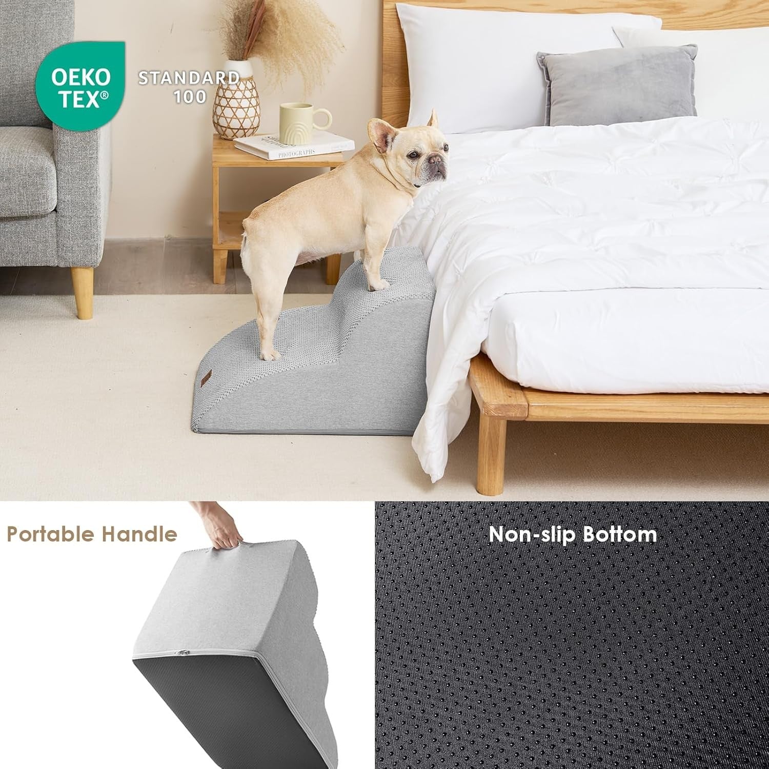 2 Step Dog Stairs for Sofa Non Slip Foam Pet Steps Washable Light Grey