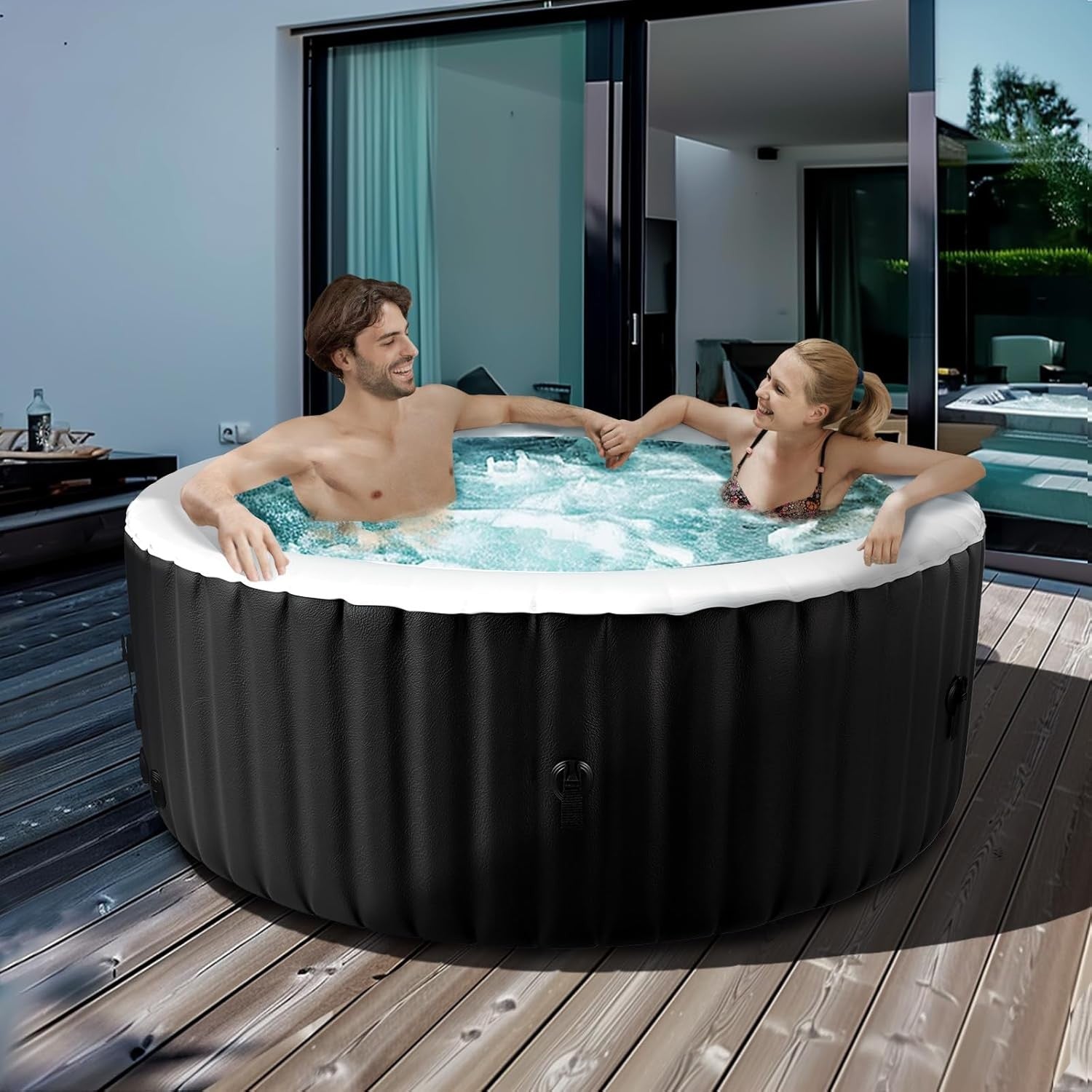 2–4 Person Inflatable Hot Tub Round Spa 120 Bubble Jets Heated Portable