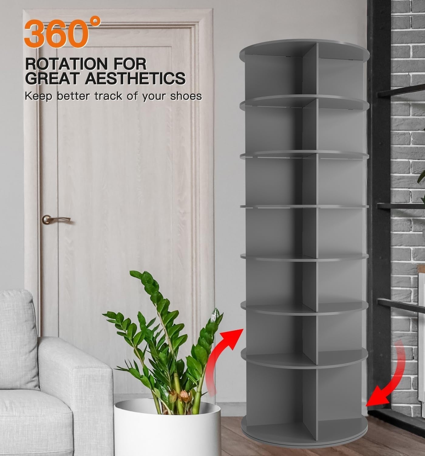 7-Tier Rotating Shoe Rack Tower 67" | 360° Revolving Organizer Stand – Grey