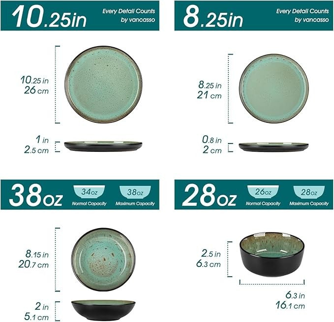 24pc Stoneware Dinner Set Plates Bowls Reactive Glaze Service for 6 Green