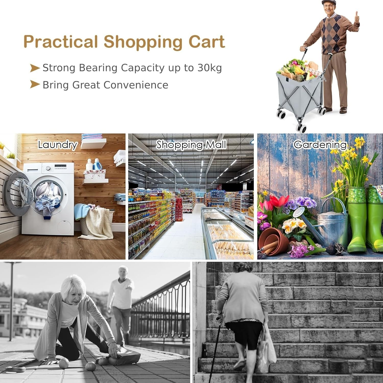 Heavy Duty 90L Folding Shopping Trolley 8 Wheels Push Cart