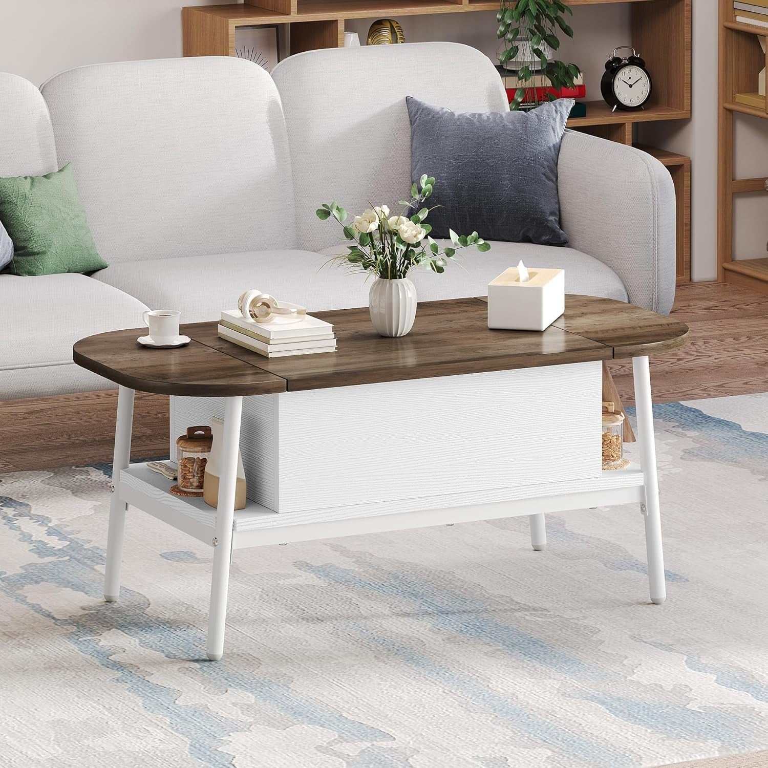 Lift Top Coffee Table Grey Modern Elliptical Table with Storage for Living Room