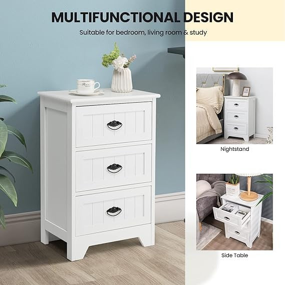 Modern White Bedside Table with 3 Drawers, Wooden Nightstand Storage Unit