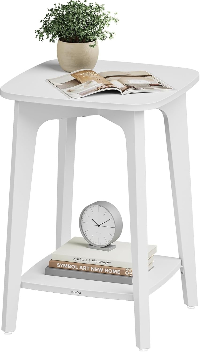 White Small Side Table with Lower Shelf, Modern Bedside Table for Small Spaces