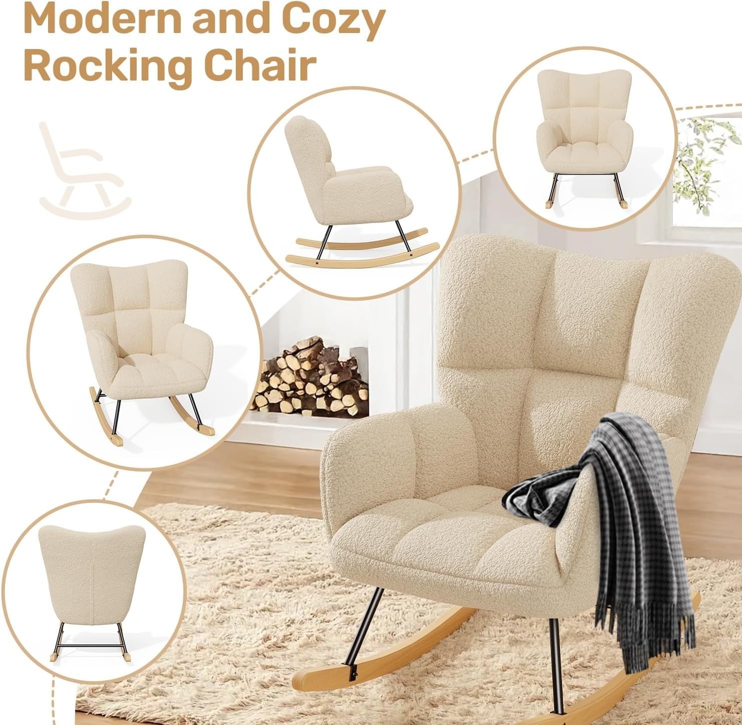 Cozy Lambswool Rocking Chair High Back Armrest Memory Foam Living Room Seat