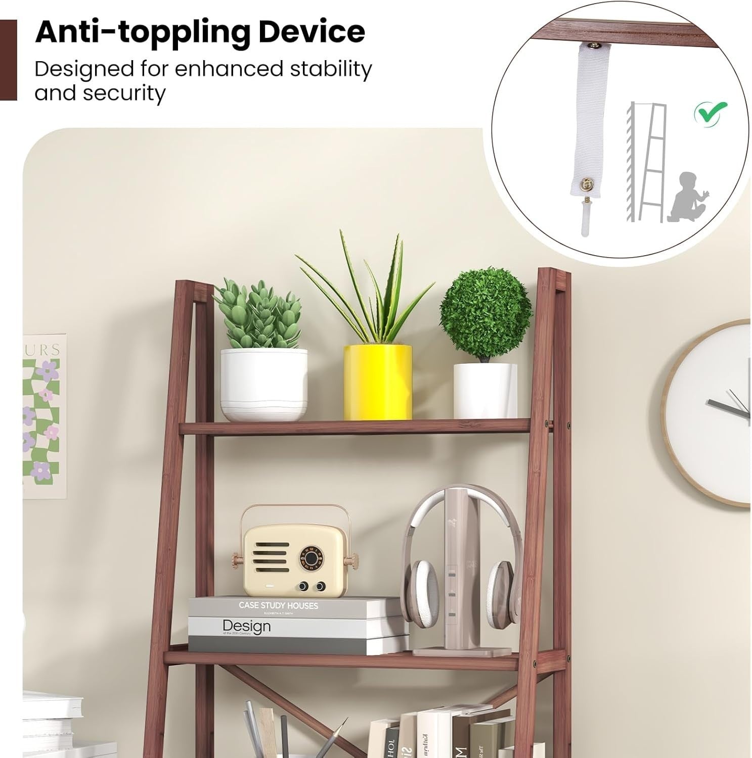 4 Tier Bamboo Ladder Bookshelf Freestanding Display Storage Shelf Walnut