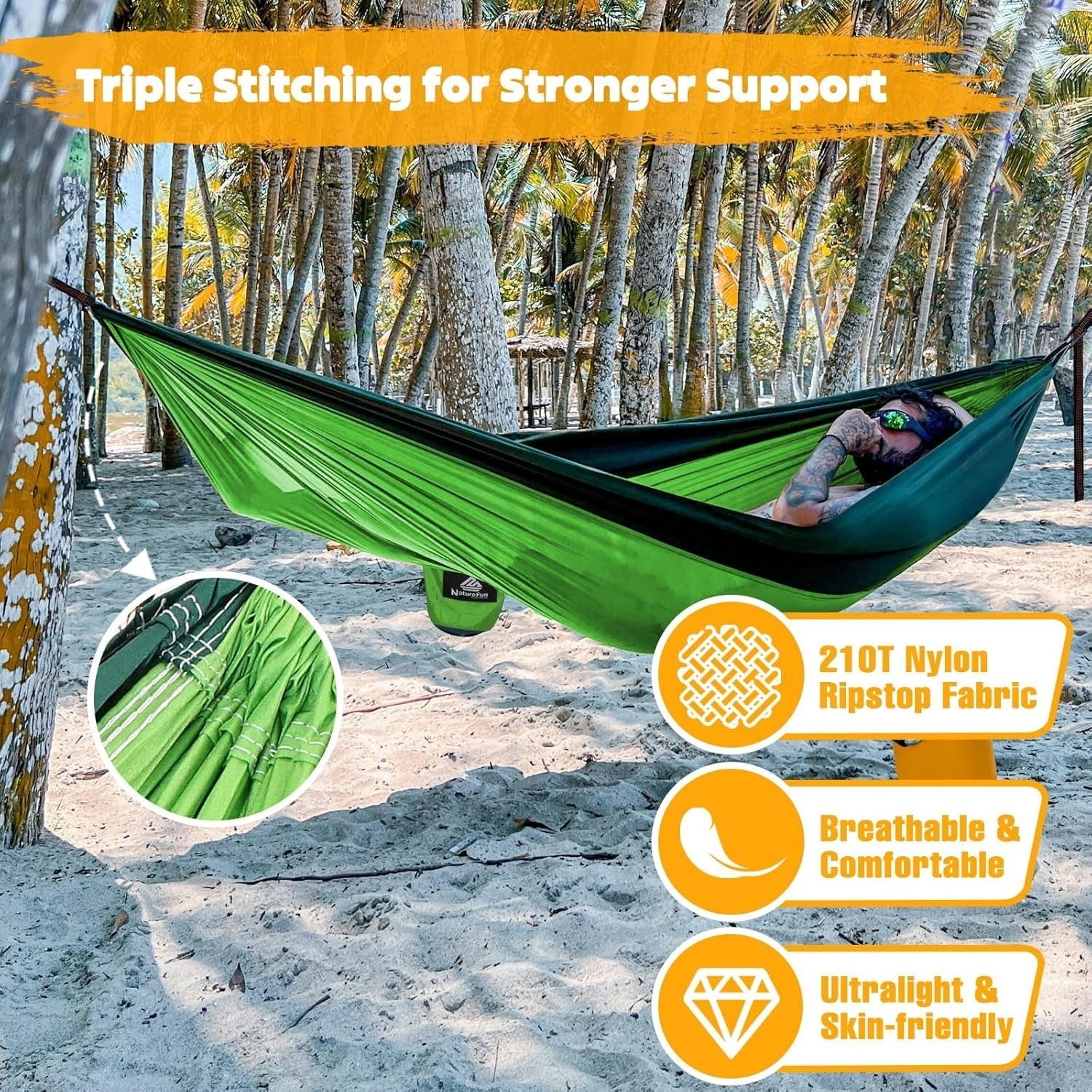 Ultra-Light Camping Hammock 300kg Load, Quick-Dry Parachute Nylon, Portable