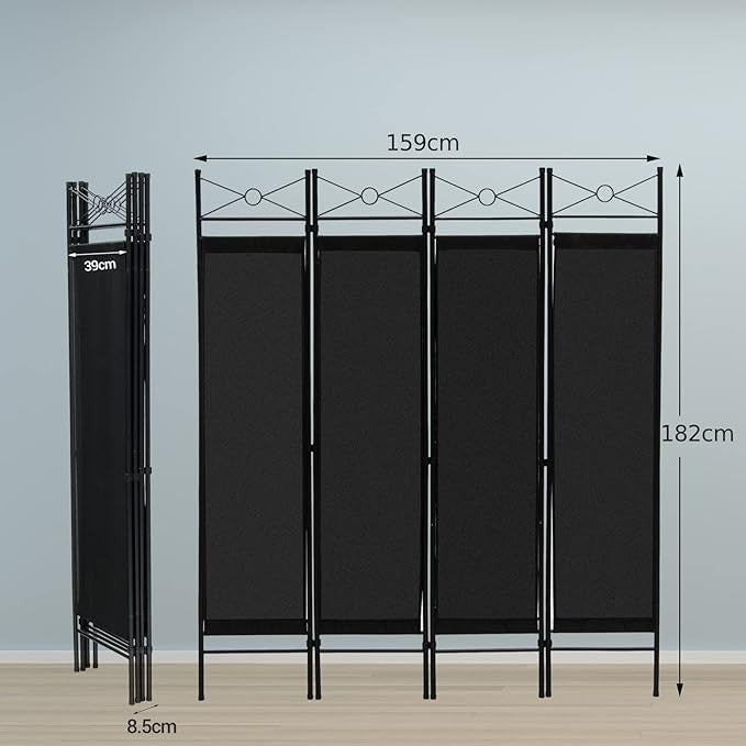 Black 4 Panel Folding Room Divider – Freestanding Privacy Screen with Removable