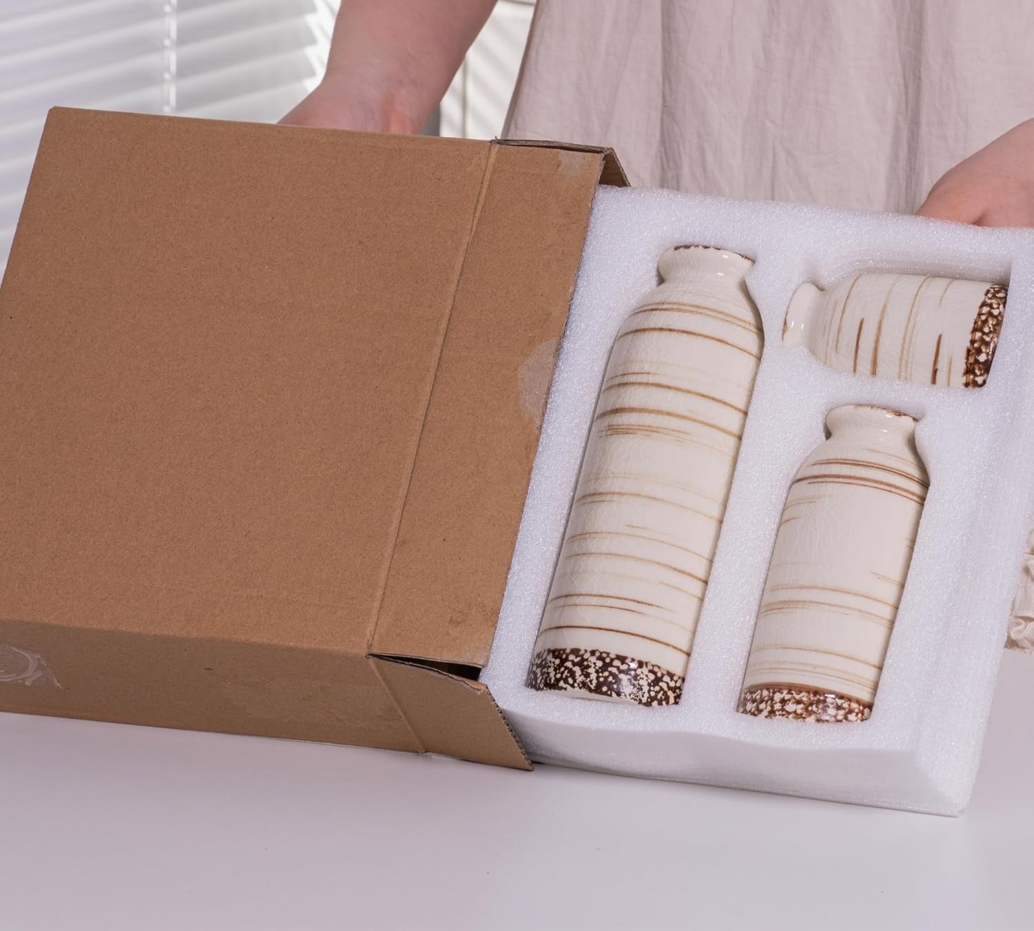 Beige Ceramic Vase Set of 3 Farmhouse Pampas Grass Vases Home Decor