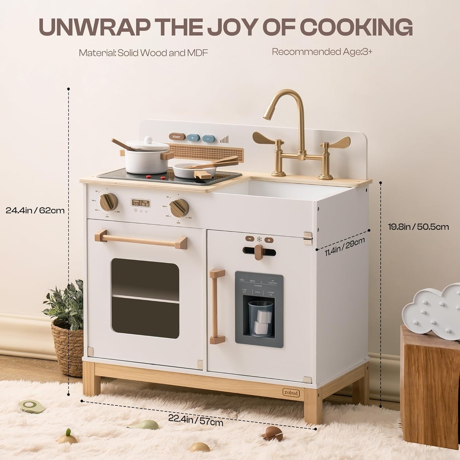 Wooden Kids Play Kitchen White Toy Set Lights Sounds Stove Accessories