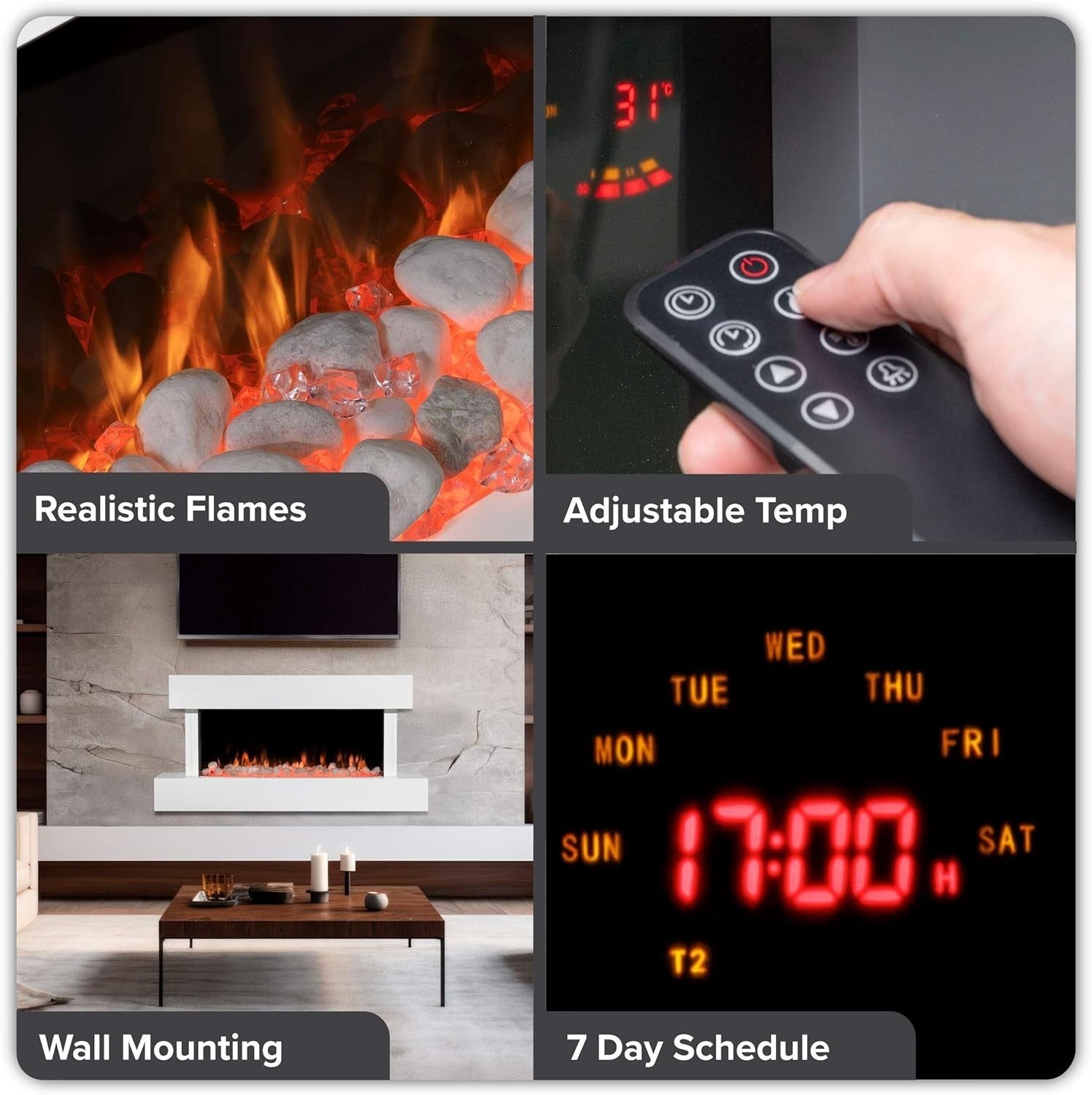 46" Wall Mounted Electric Fireplace White LED Flame Heater Pebble Log