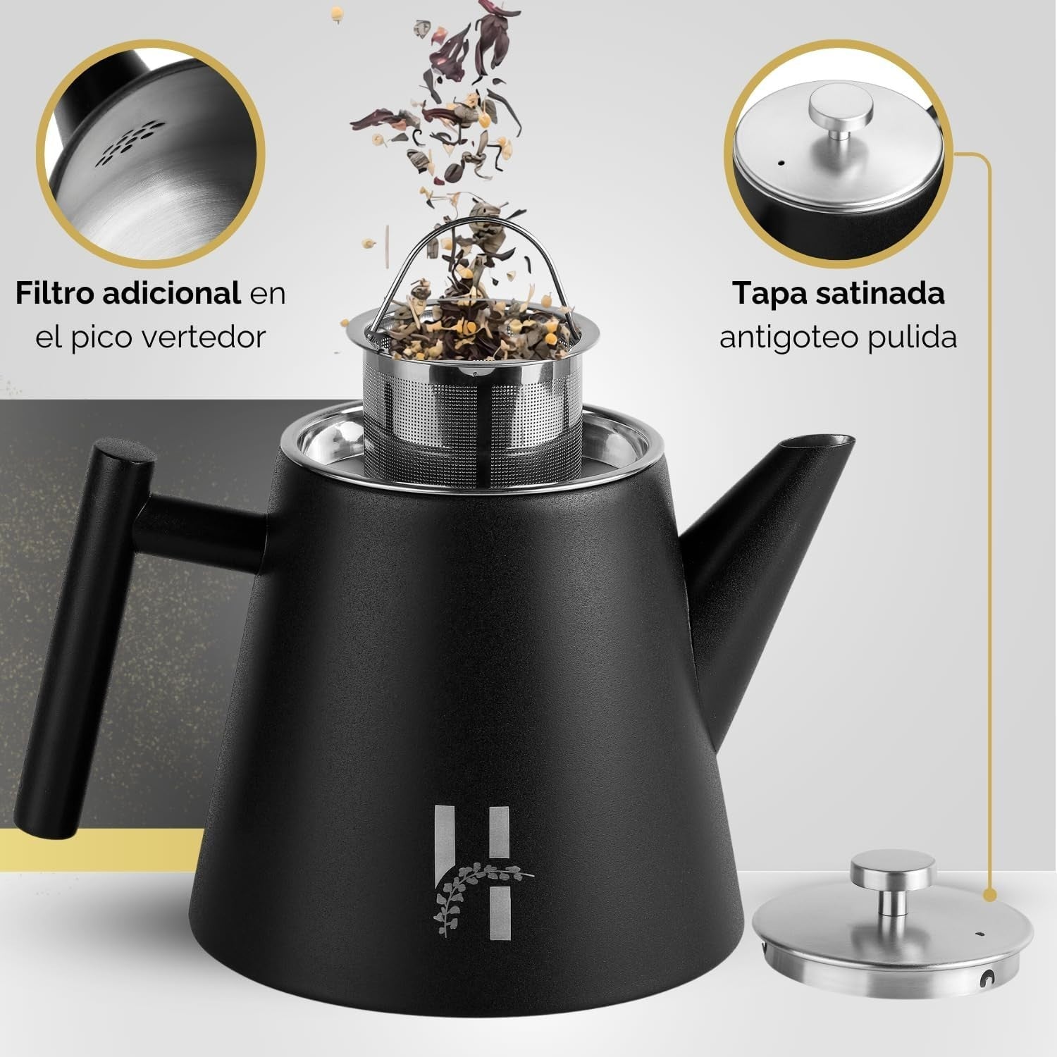 Double Walled Stainless Steel Teapot 1.2L Loose Leaf Tea Pot Black