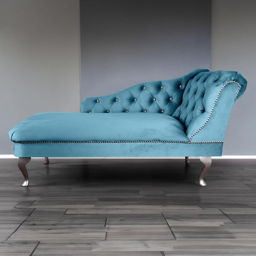 Velvet Chaise Lounge Sofa Right Hand Sky – Tufted Seat, UK Handmade
